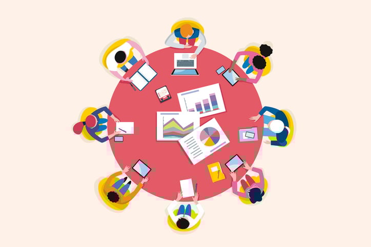 To view business meeting around a circular table. Vector illustration