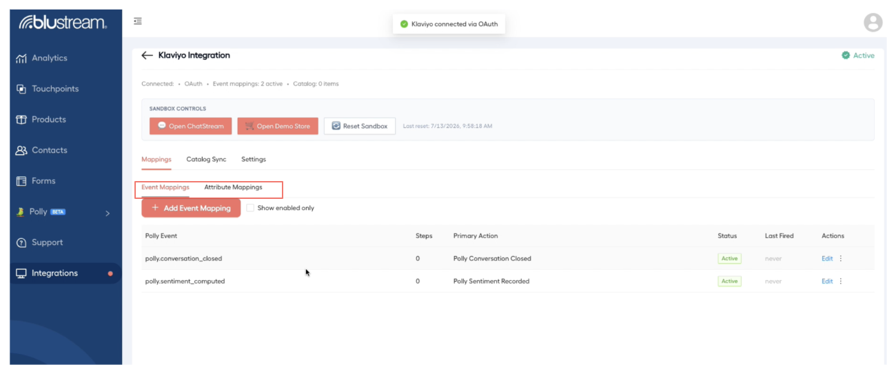 BluStream event mappings